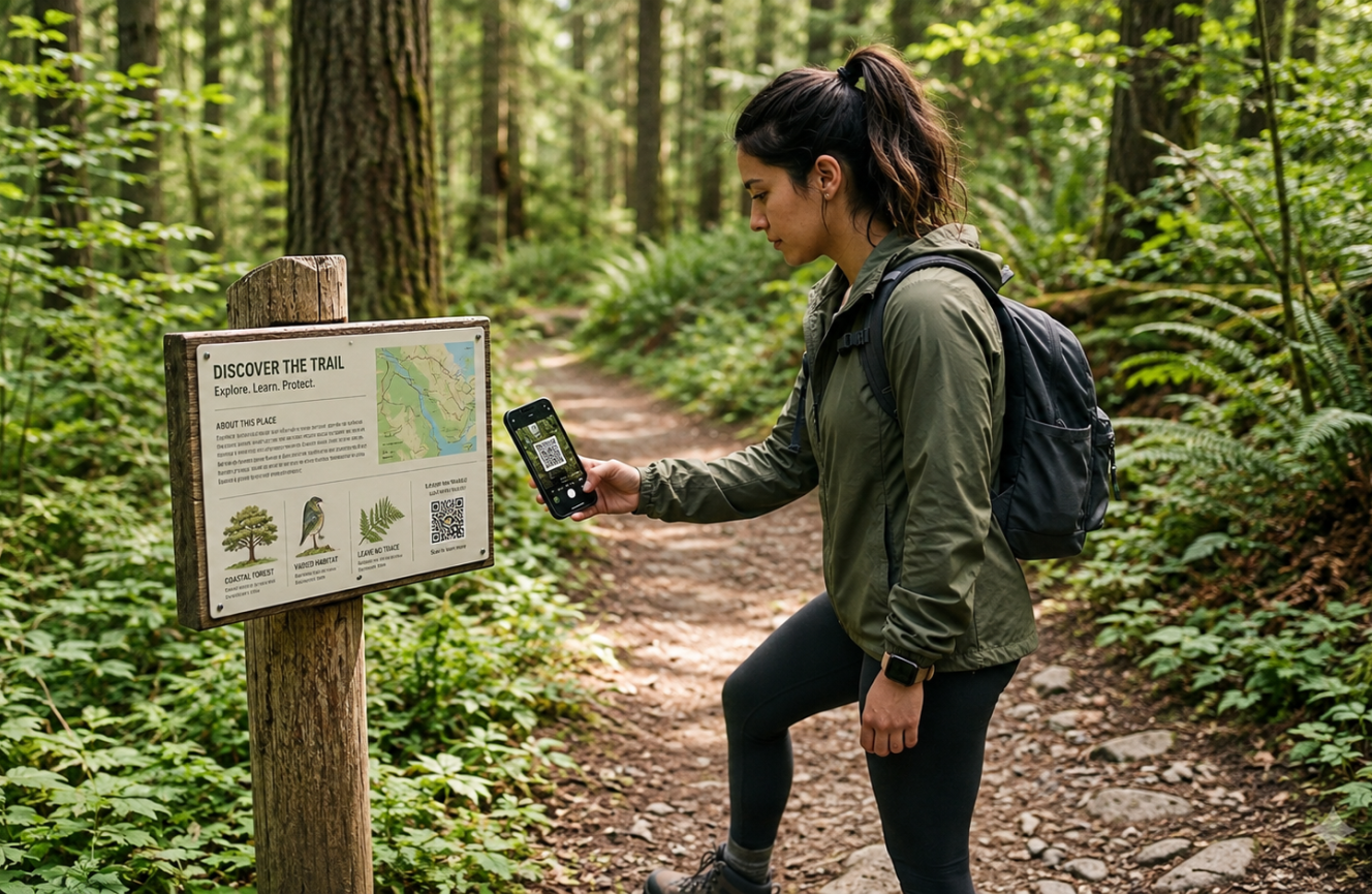 Woman scanning a QR code on an interpretive trail sign